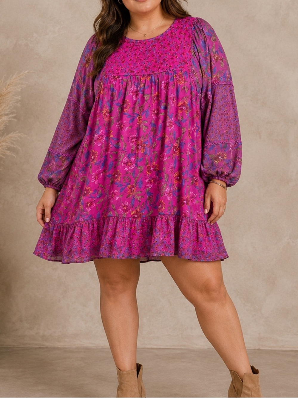 Haley & Co Pink Floral Boho Long Sleeve Mini Dress Cottagecore NWT L Boho